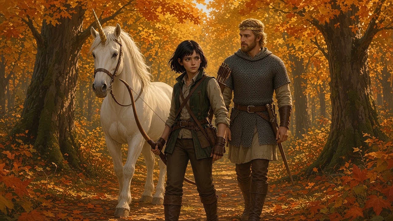 Jill marche dans un bois aux feuilles dorées avec Tirian