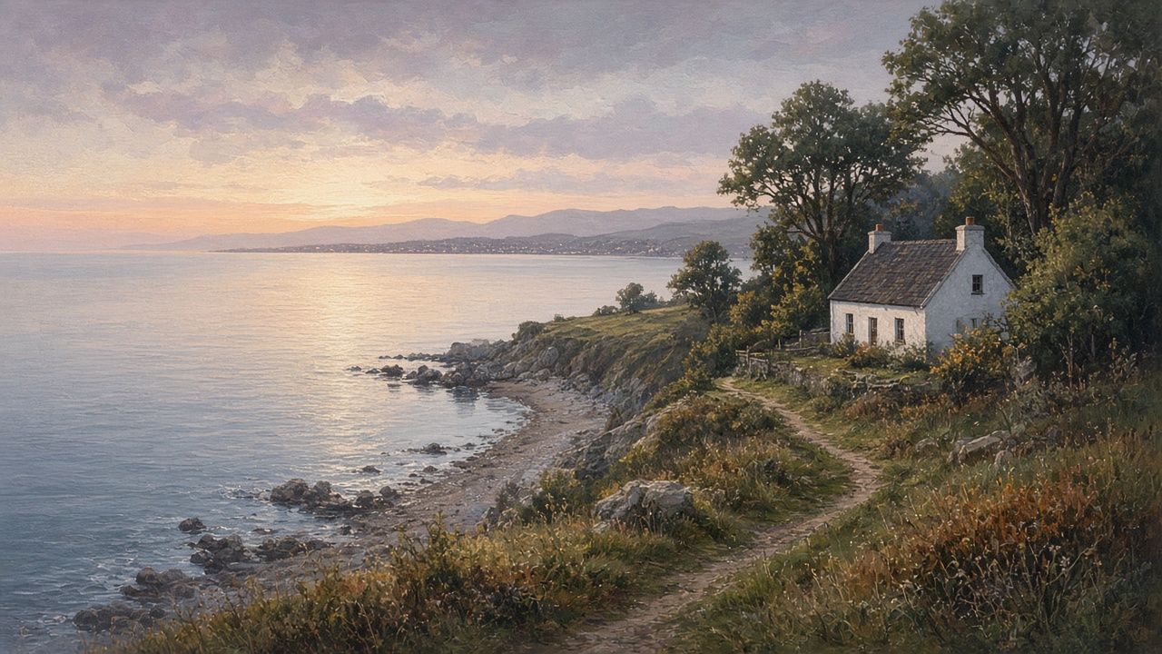 Une côte irlandaise douce avec un cottage blanc et une baie paisible