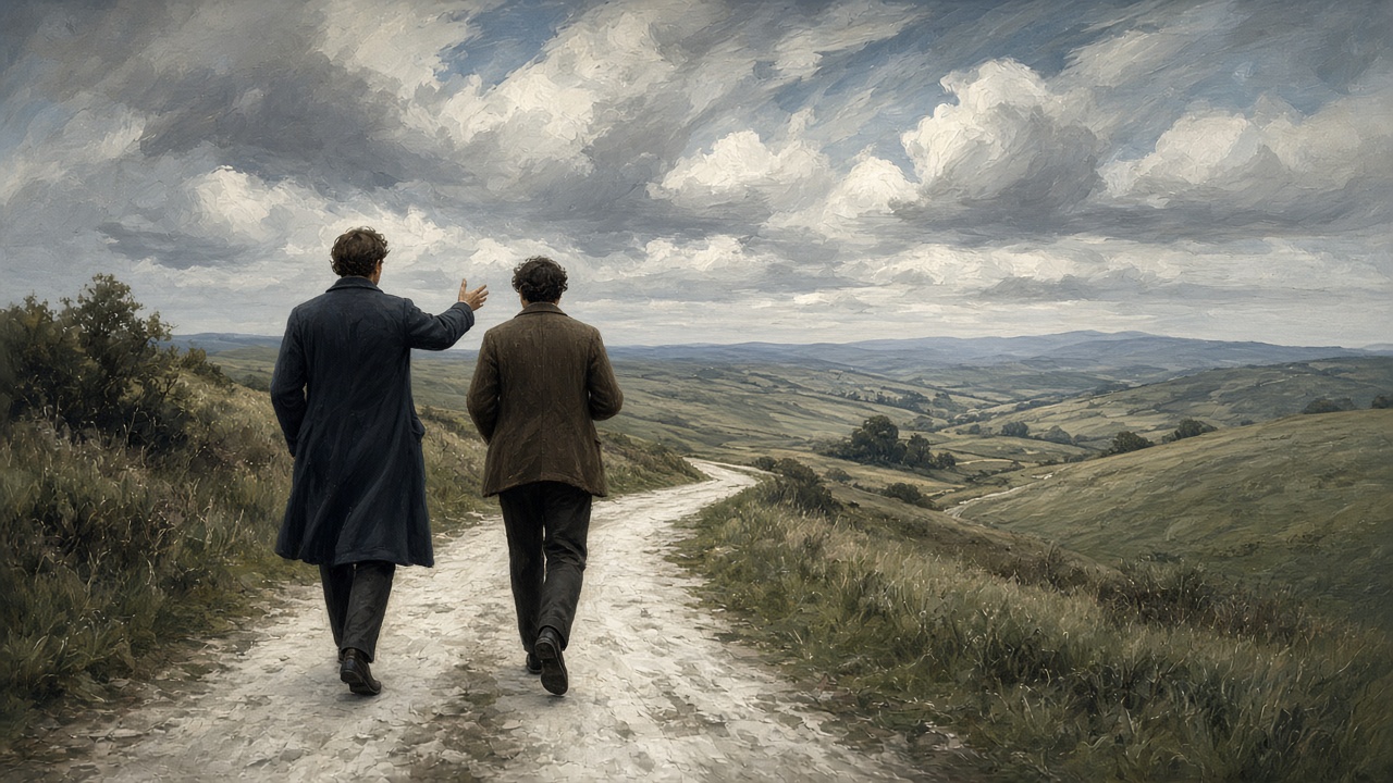 Deux jeunes hommes débattent en marchant sur une route de campagne anglaise des années 1920