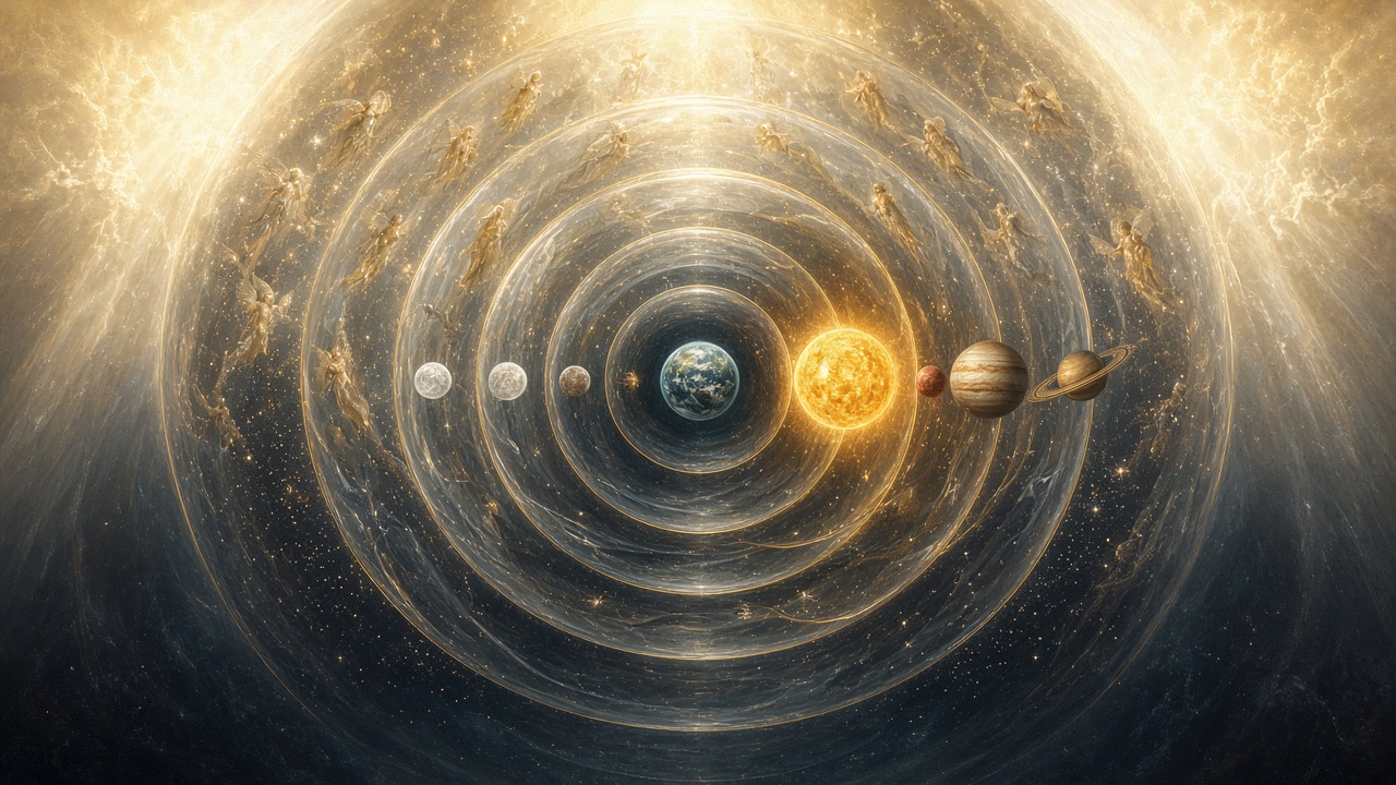 Le cosmos médiéval : sphères de cristal et planètes lumineuses autour d'une petite Terre