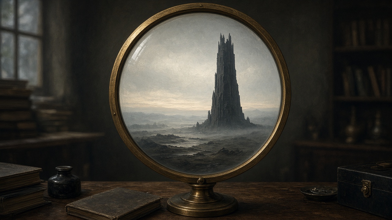 Une tour sombre dans un paysage étrange, vue à travers une lentille