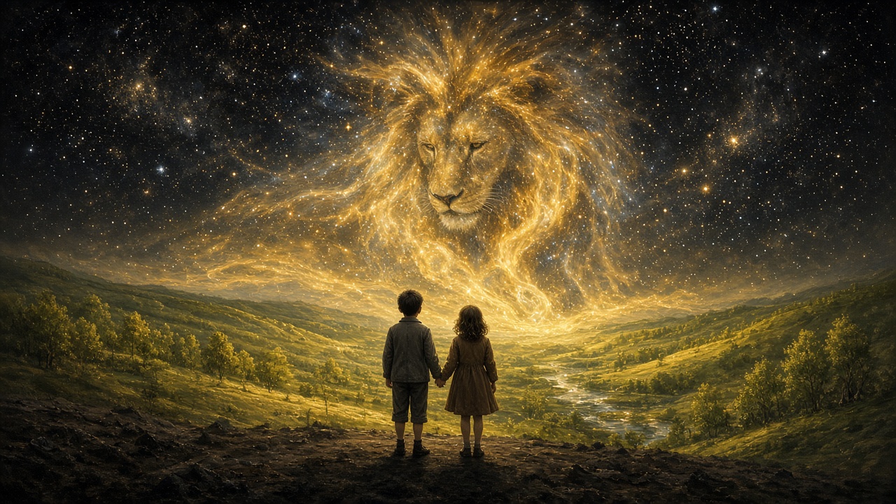 Un lion fait de lumière chante un monde qui naît dans le noir