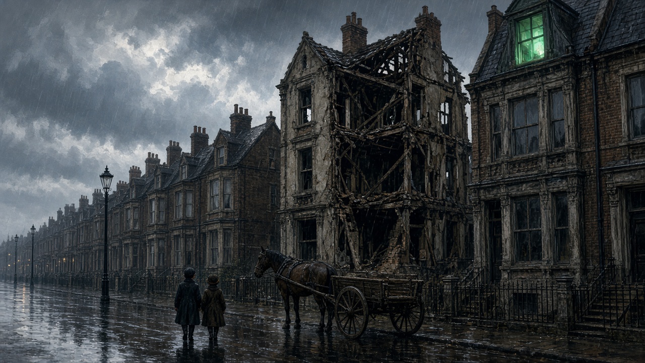 Une rue de Londres d'après-guerre, avec une maison en ruine et une lumière étrange au grenier