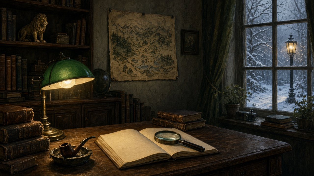 Un bureau d'Oxford encombré de livres, une loupe et une petite carte de Narnia