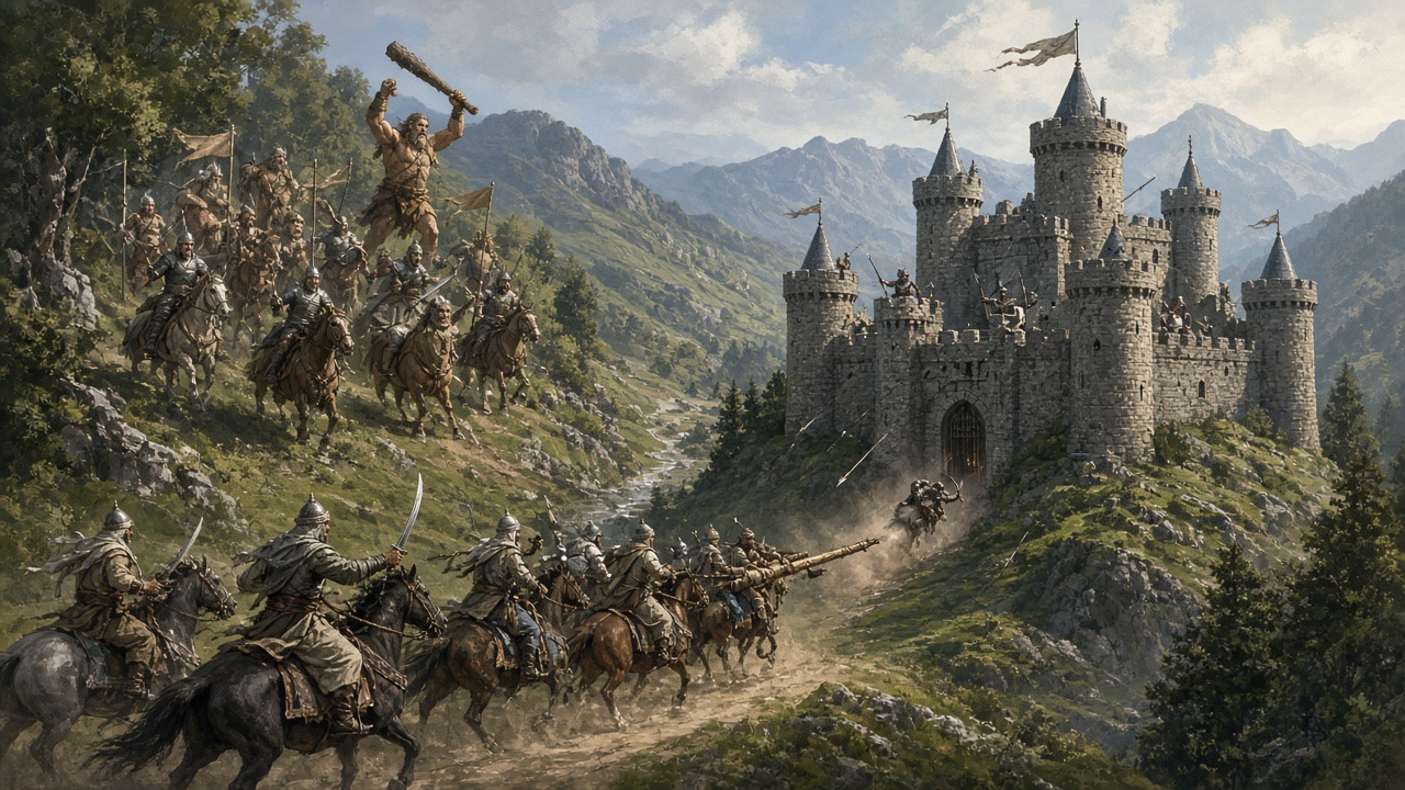 Des cavaliers calormènes frappant la porte d'un château de montagne, et l'armée de Narnia dévalant la pente