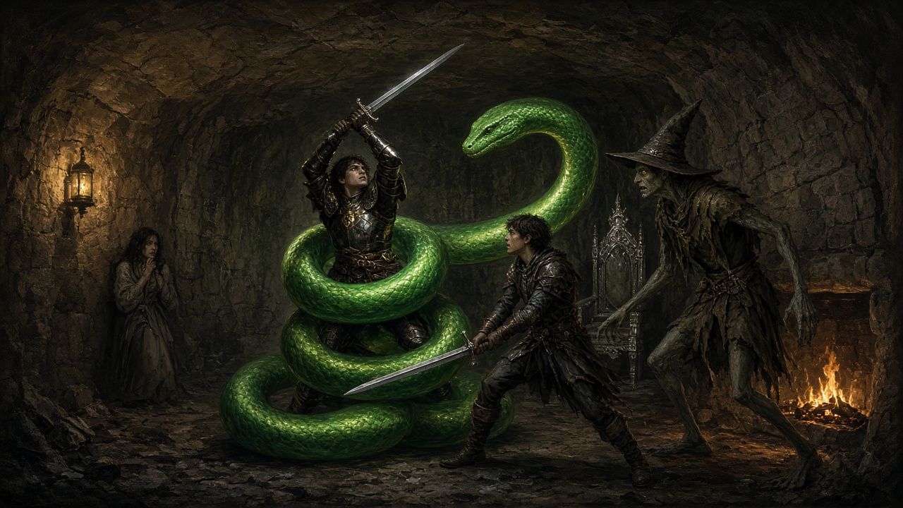Dans une salle souterraine, trois combattants affrontent un immense serpent vert