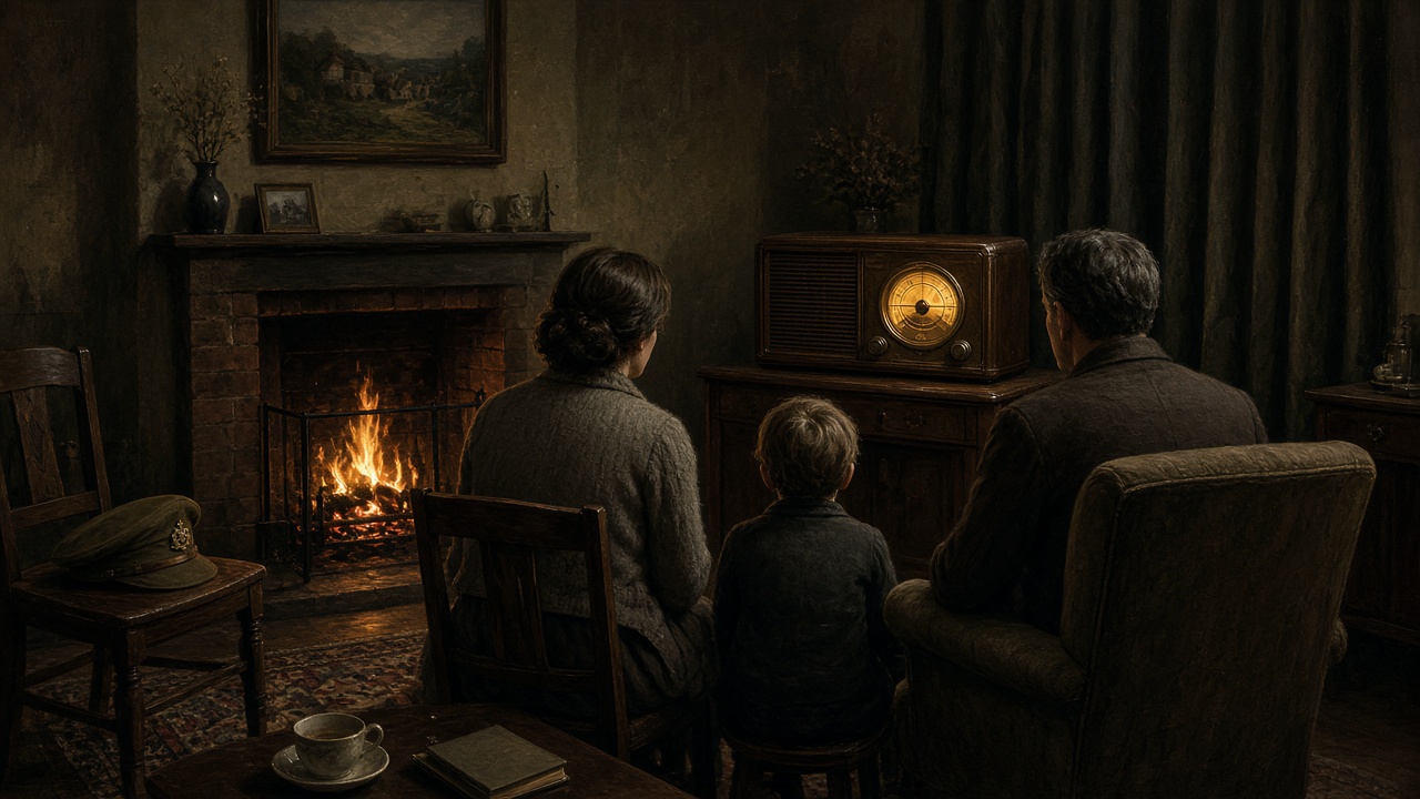 Un salon anglais de 1942 où une famille écoute la TSF à la lueur du feu