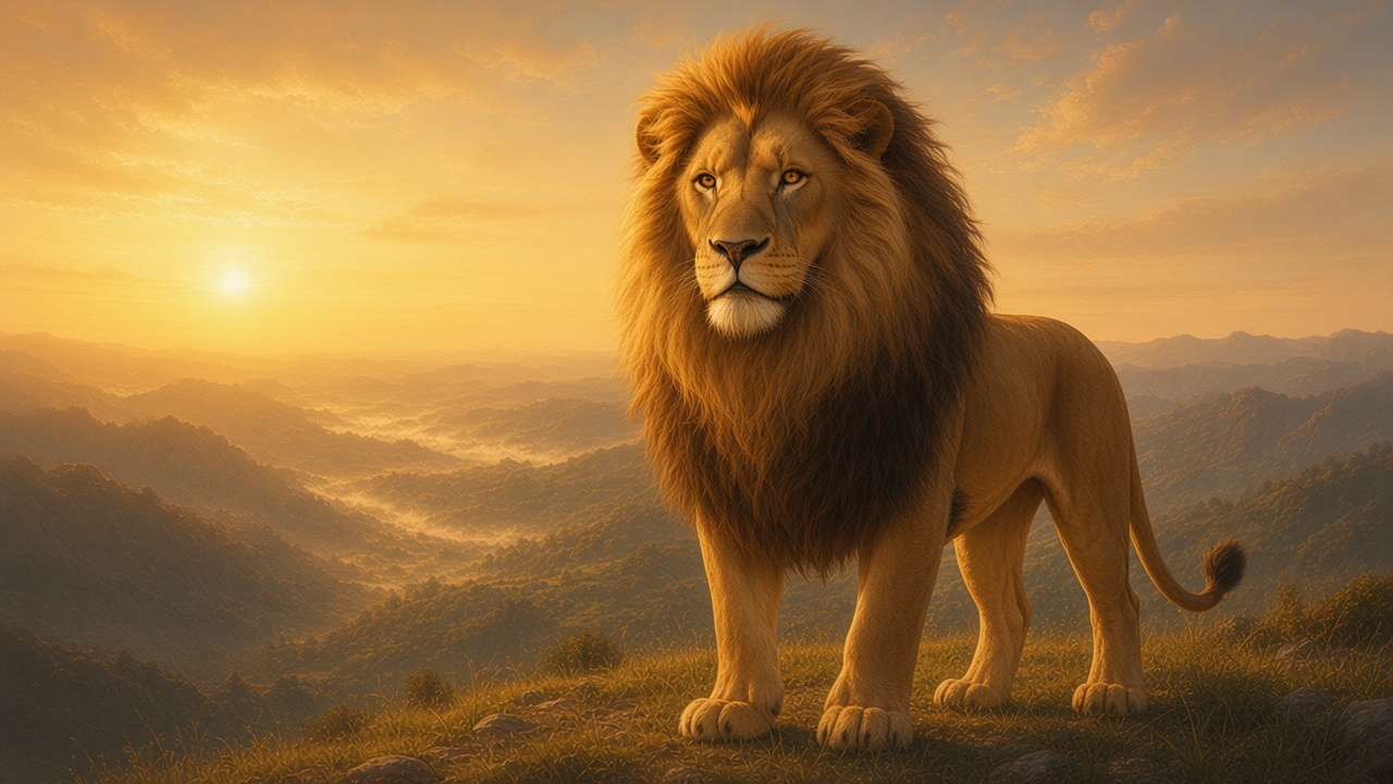 Aslan sur la colline au lever du jour