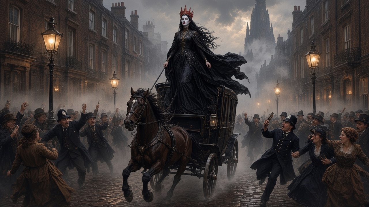 Jadis debout sur un fiacre dans une rue de Londres en 1900
