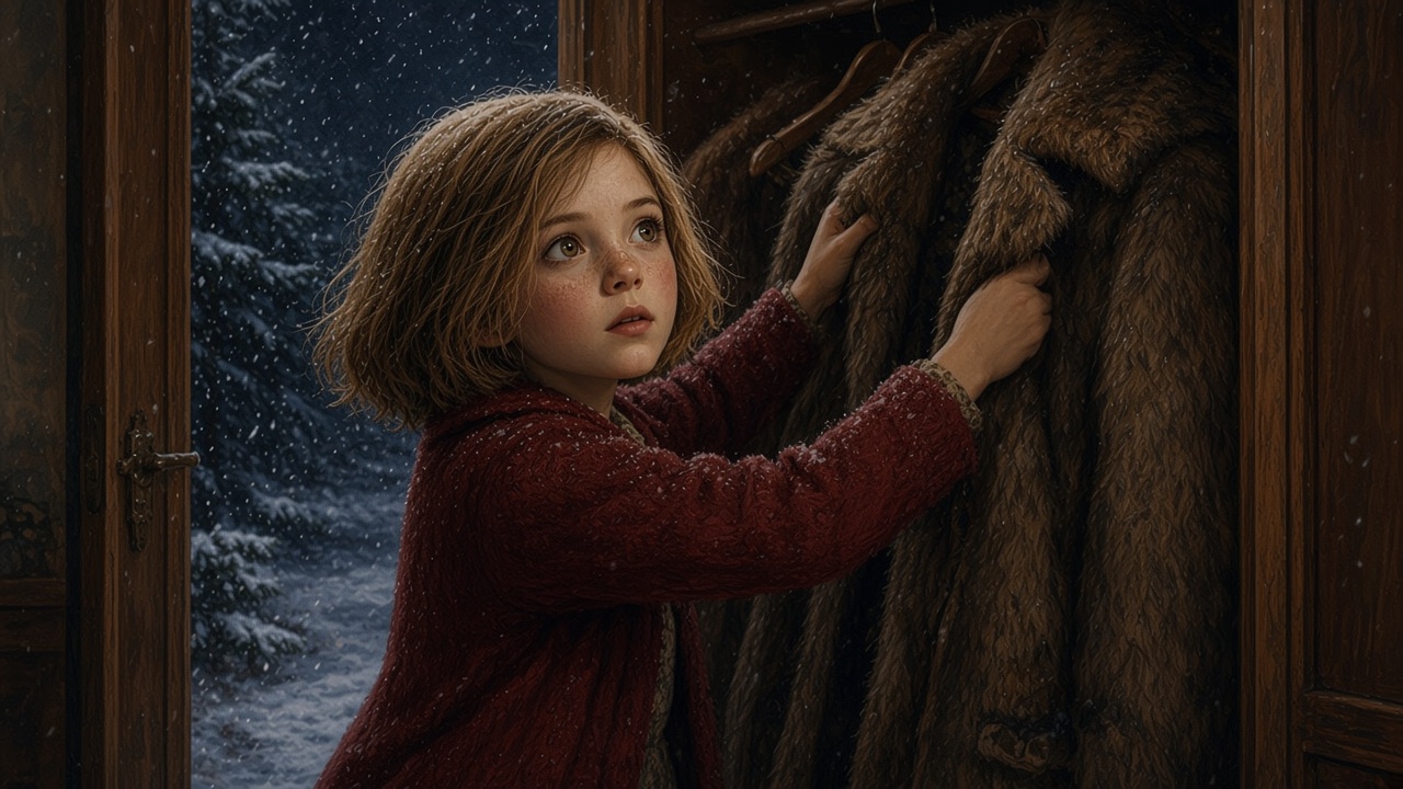 Lucy entre dans l'armoire entre les manteaux de fourrure