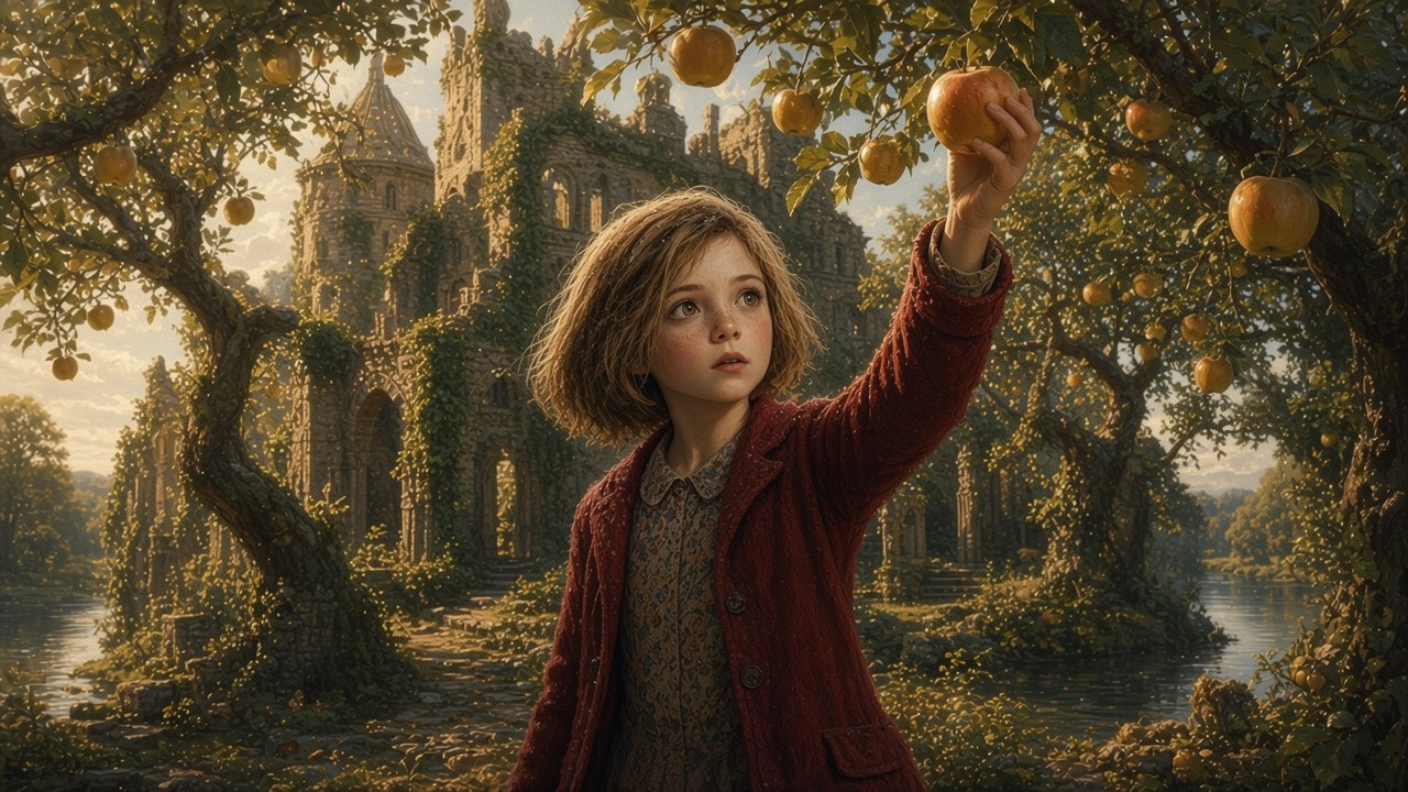 Lucy enfant cueille des pommes dans un verger en ruine