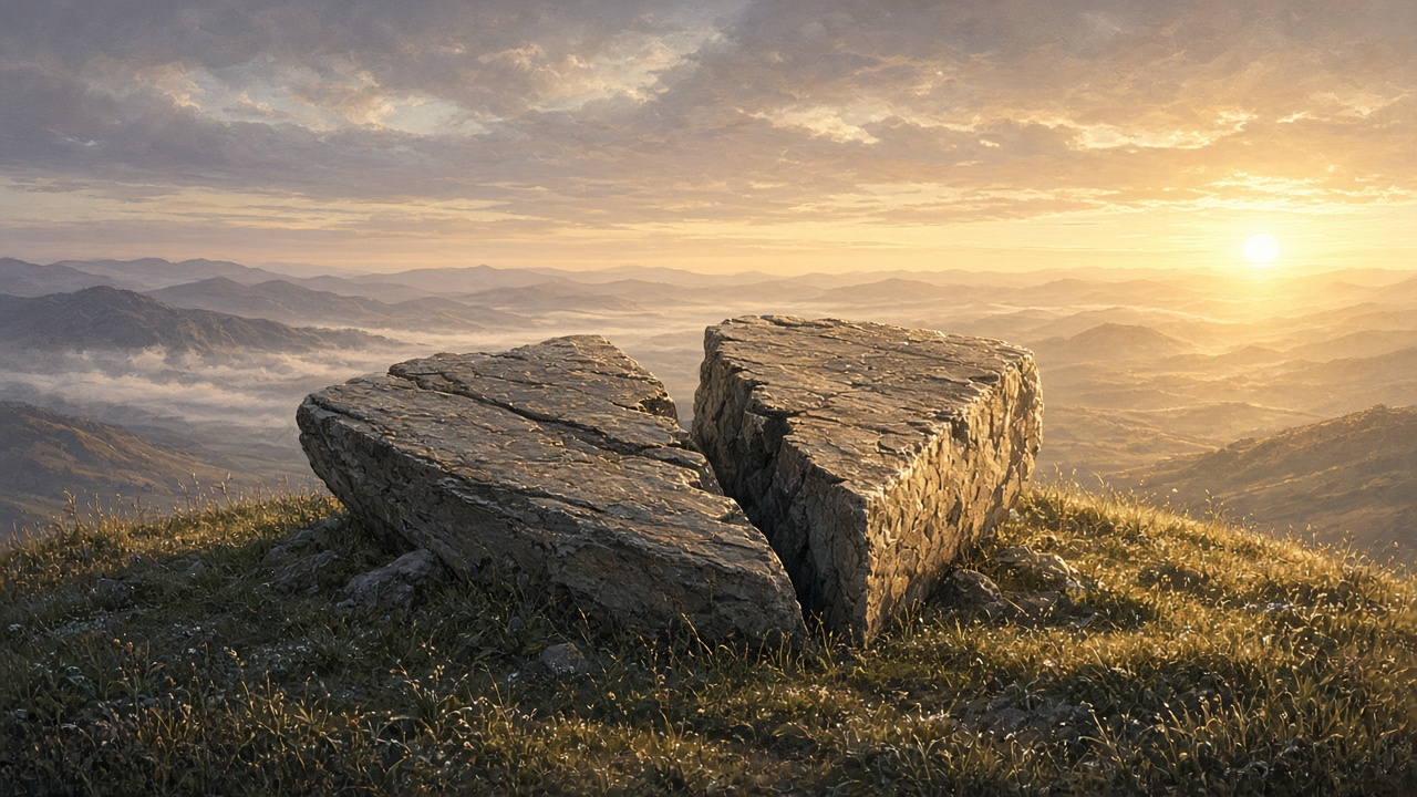 Une table de pierre fendue au lever du soleil dans une clairière