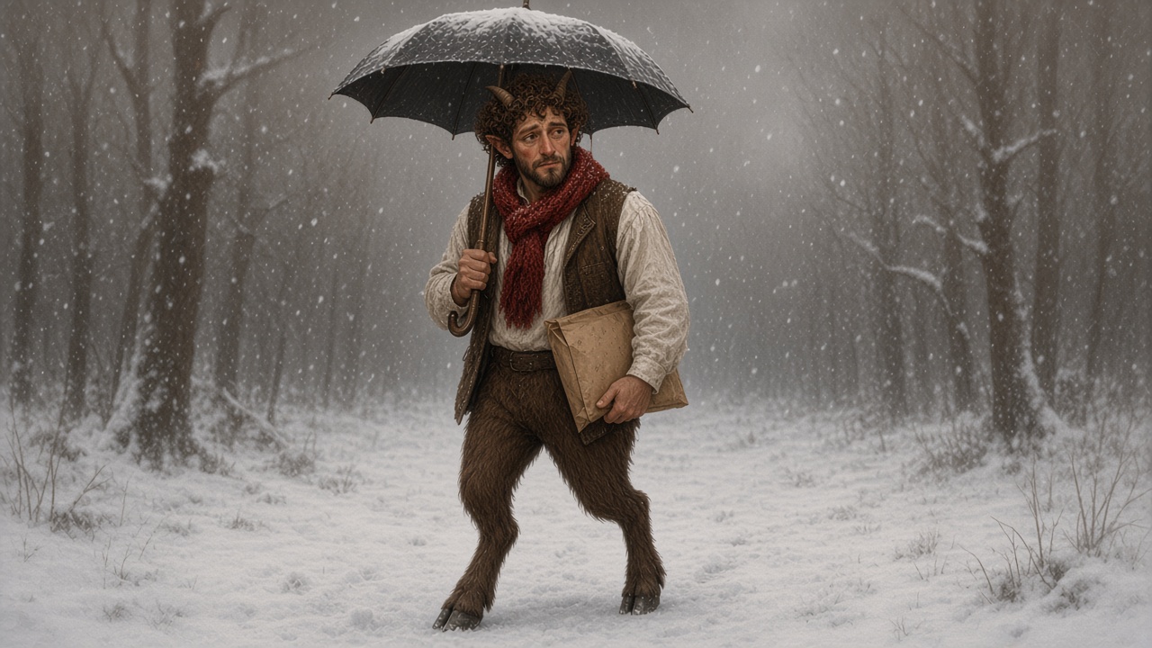 Tumnus debout sur ses deux jambes de chèvre, parapluie et paquets