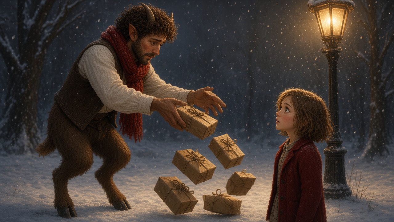 Tumnus surpris par une petite fille sous le réverbère