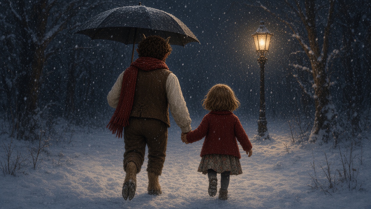 Tumnus raccompagne Lucy main dans la main dans la neige