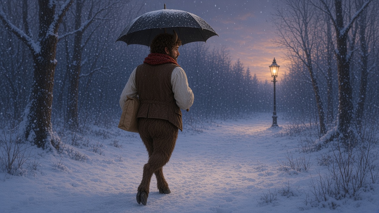 Un faune avec un parapluie et des paquets dans un bois enneigé