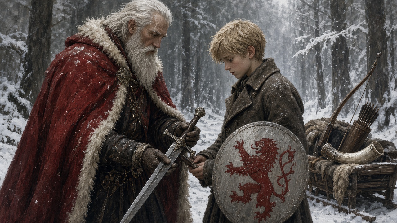 Le Père Noël tend une épée et un bouclier à Peter