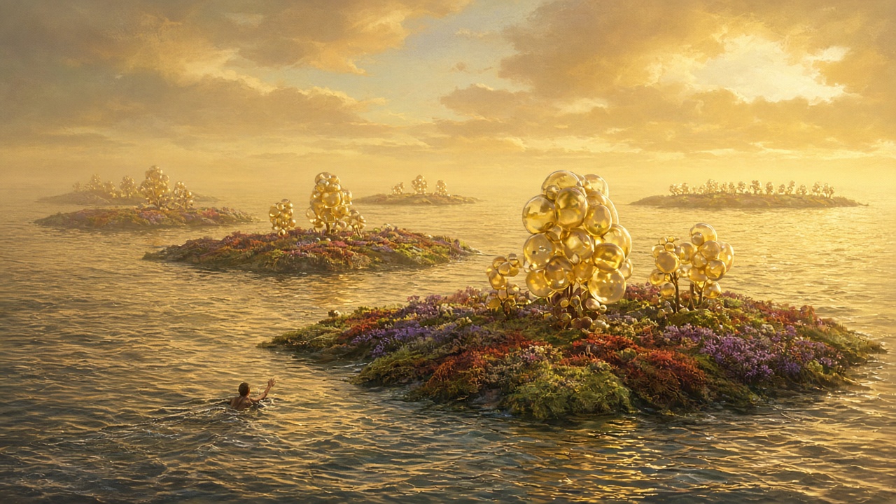 Un océan d'or et des îles souples qui ondulent sous un ciel doré