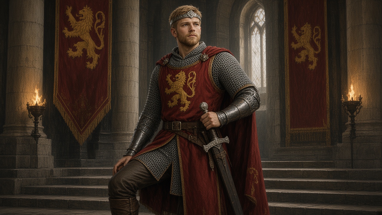 Peter adulte, roi, debout en armure légère
