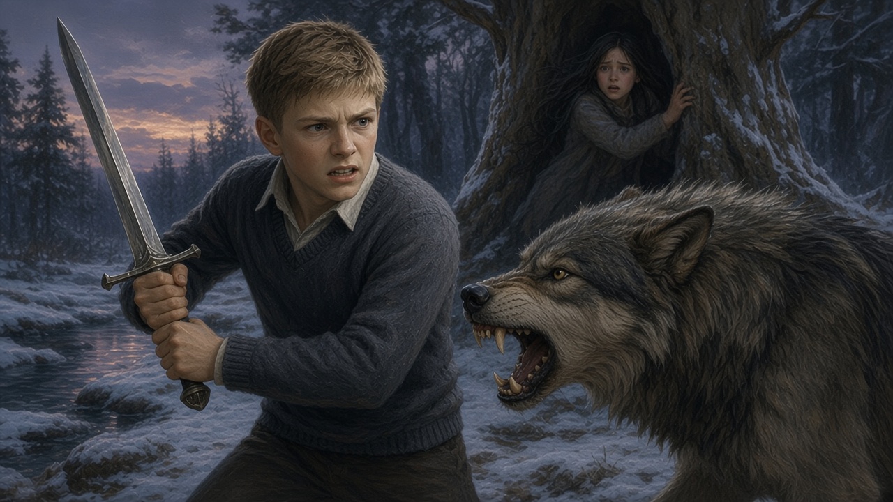 Peter affronte un grand loup gris près d'un arbre où sa sœur s'est réfugiée