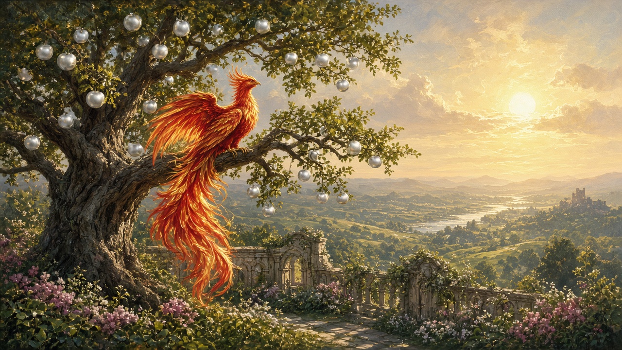 Un oiseau de feu sur l'arbre du jardin