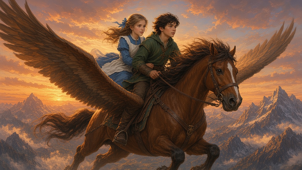 Polly sur le dos d'un cheval ailé au-dessus des montagnes