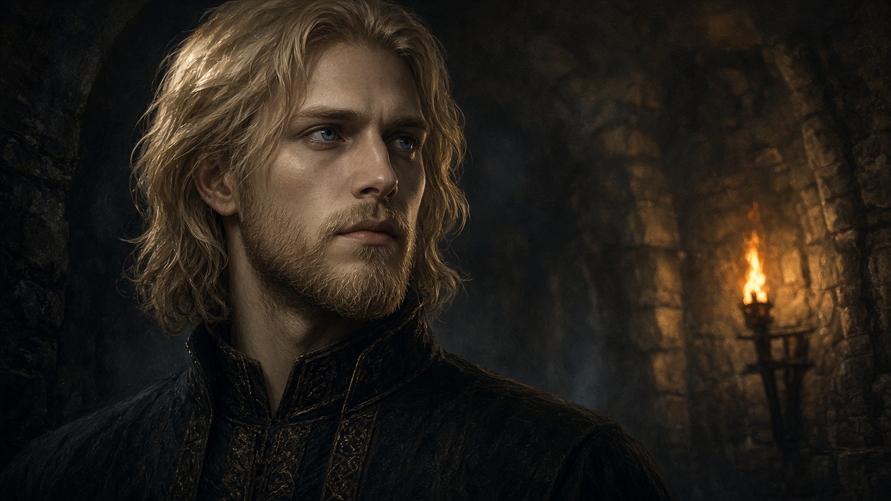Le prince aux cheveux clairs, visage noble et tendu