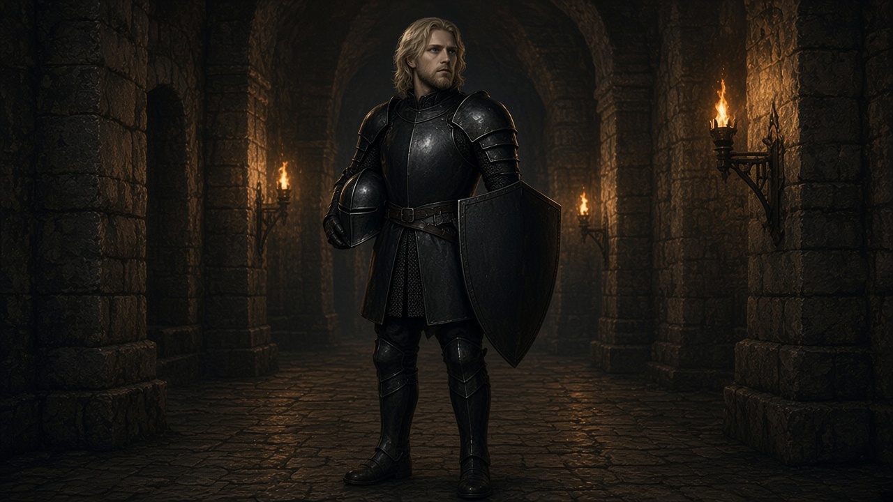 Rilian dans son armure noire, bouclier nu