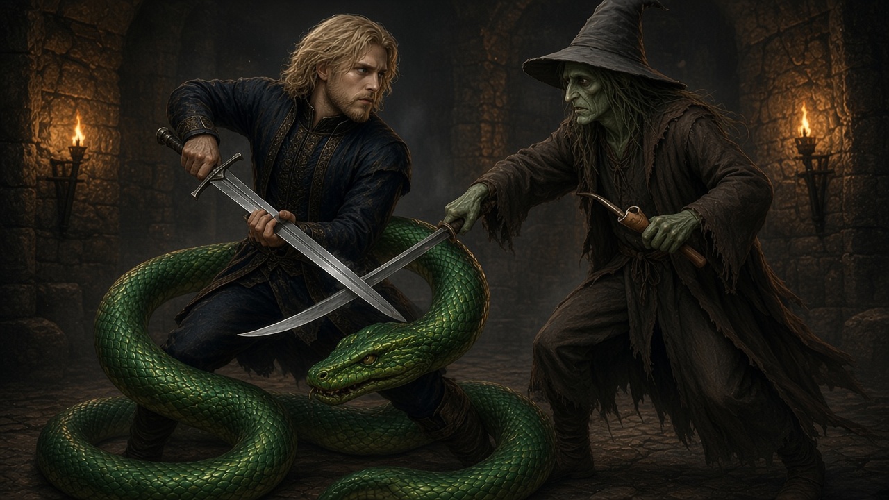 Rilian et ses compagnons combattent un serpent vert géant