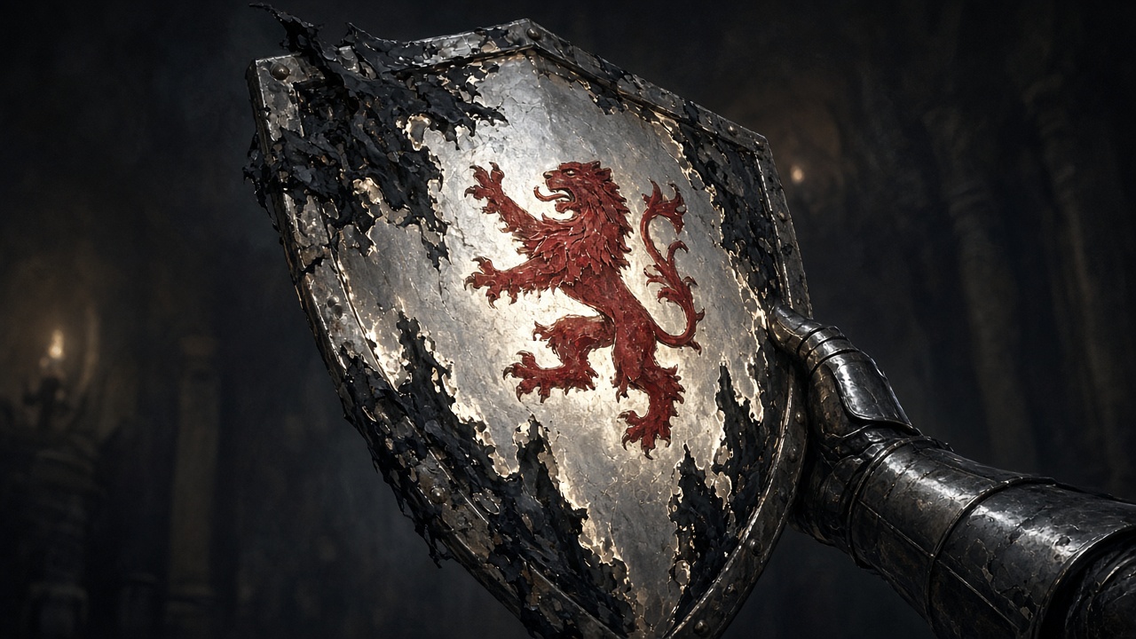 Le bouclier noir devient argent avec un lion rouge