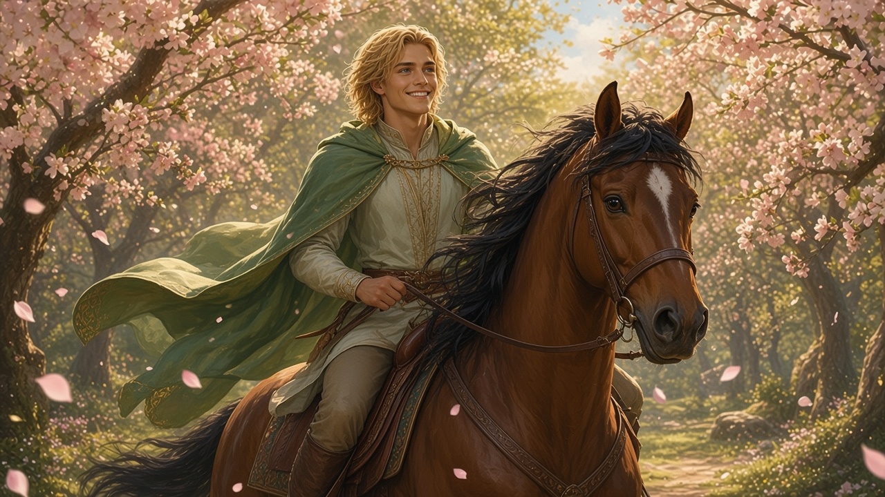 Rilian jeune, à cheval dans une forêt fleurie
