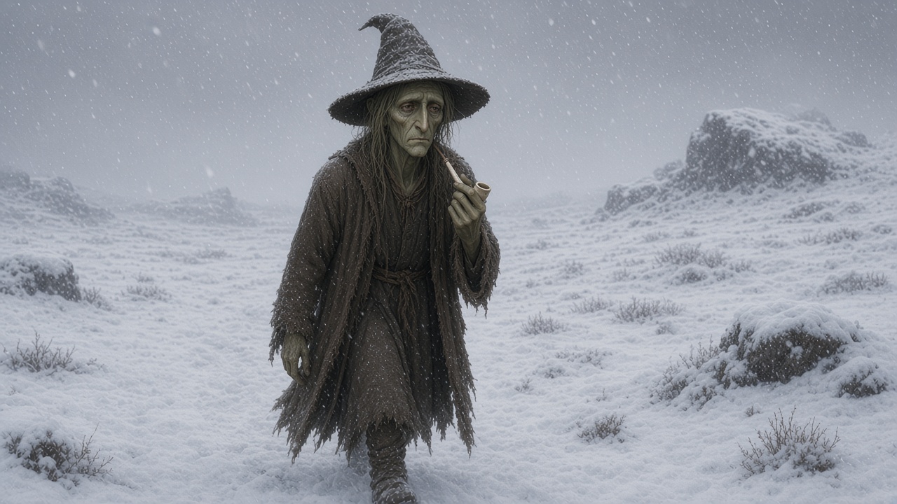 Puddlegum dans la neige, chapeau couvert de flocons
