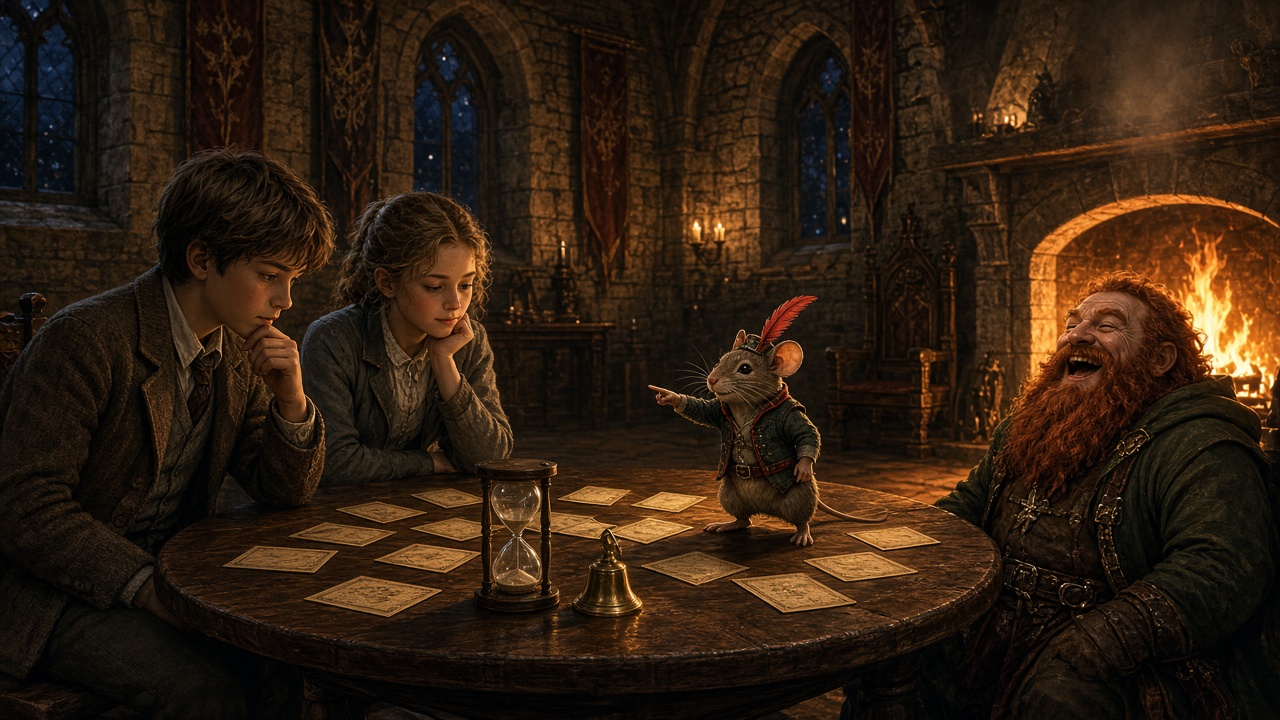 Des enfants et une souris parlante autour d'une table de jeu dans une salle de château