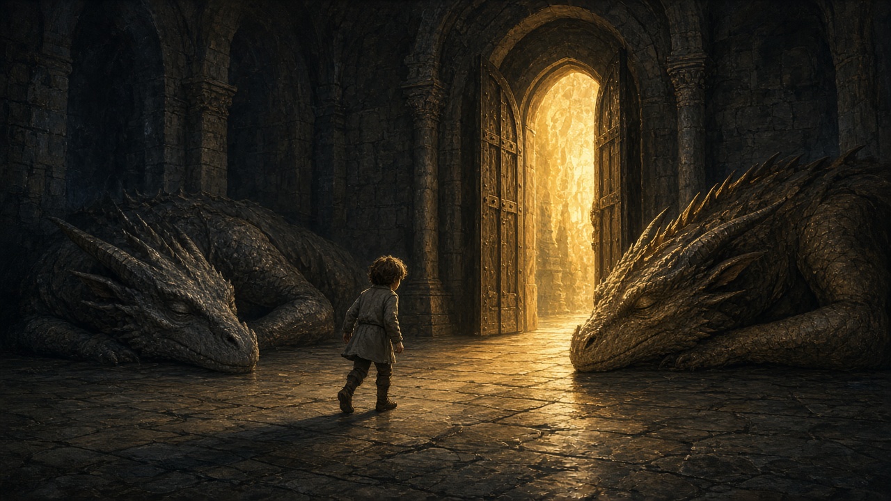 Un enfant passe sur la pointe des pieds devant des dragons endormis qui gardent une porte lumineuse