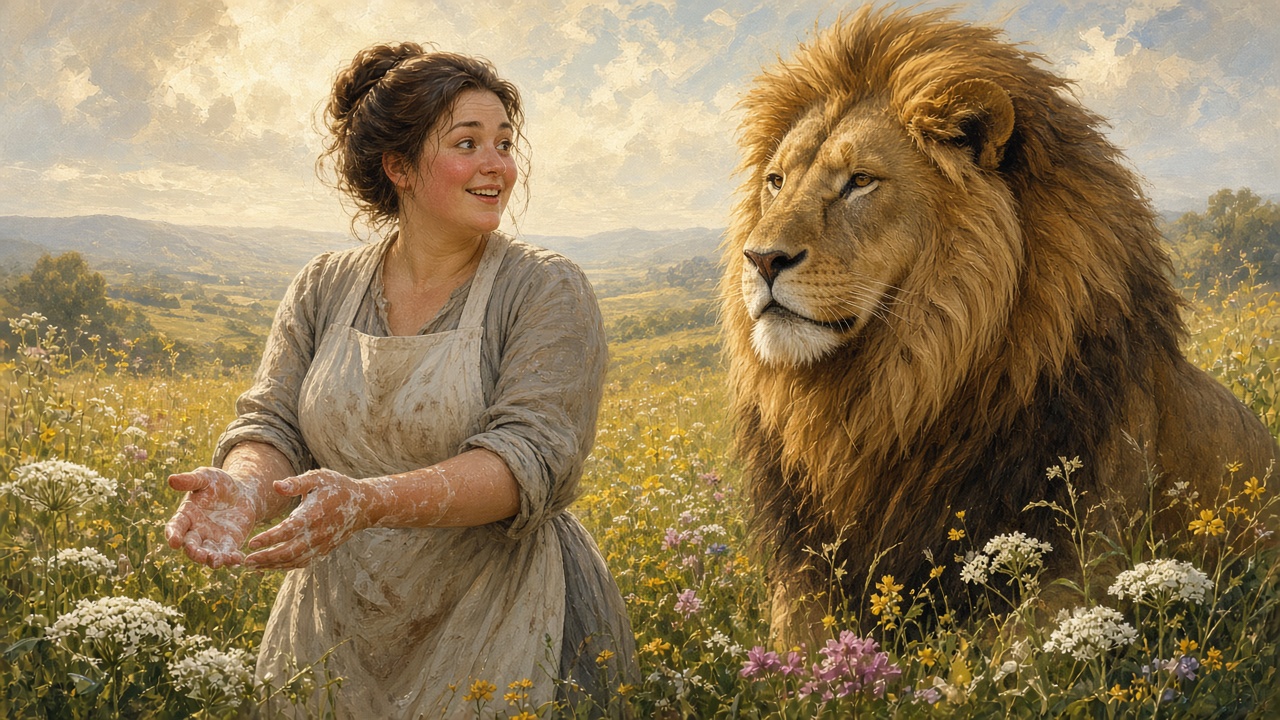 Hélène apparaît, les mains encore mouillées de lessive, dans un pré de Narnia