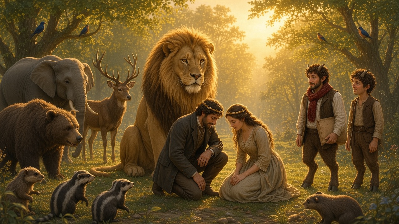 Un cocher et sa femme couronnés par un lion devant les bêtes de Narnia