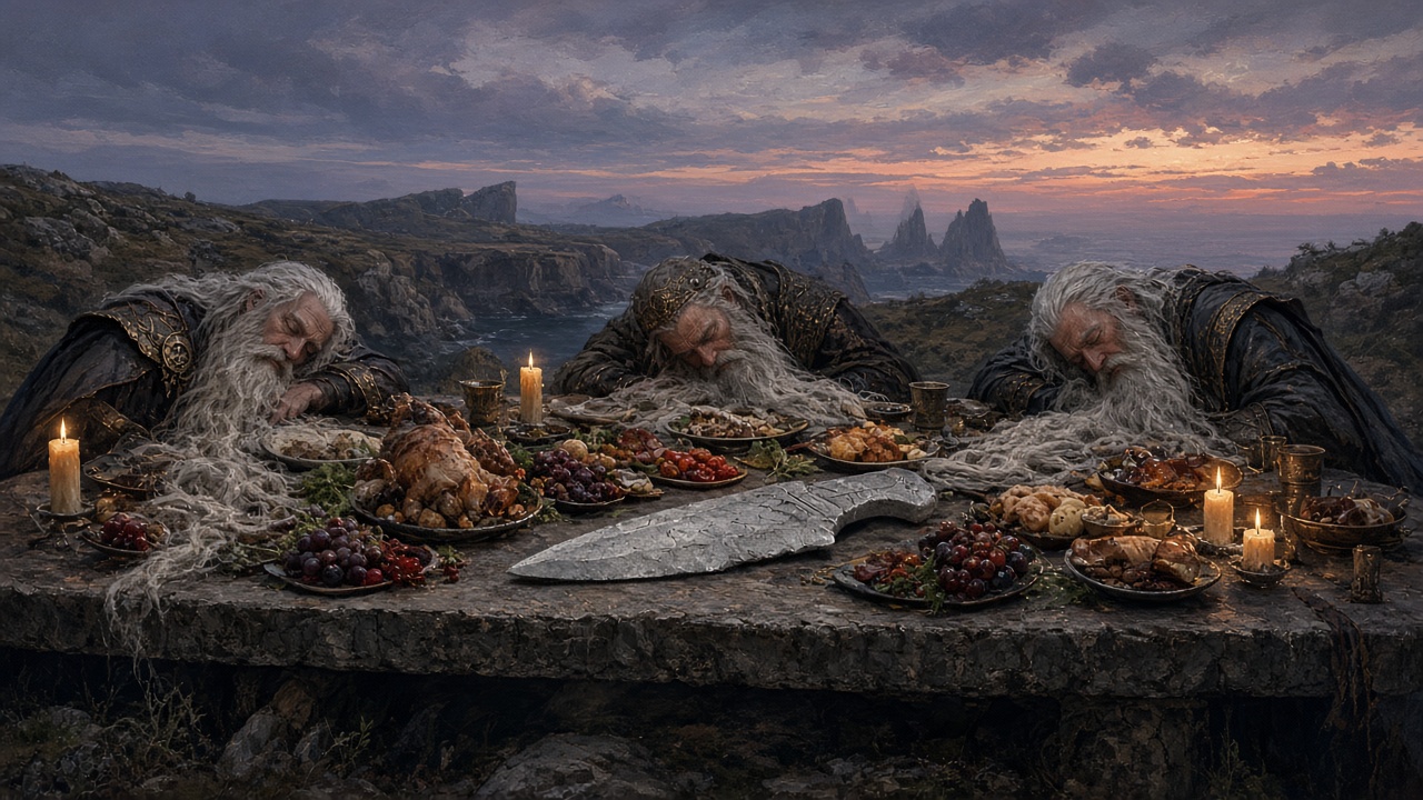 Trois seigneurs endormis à la Table d'Aslan