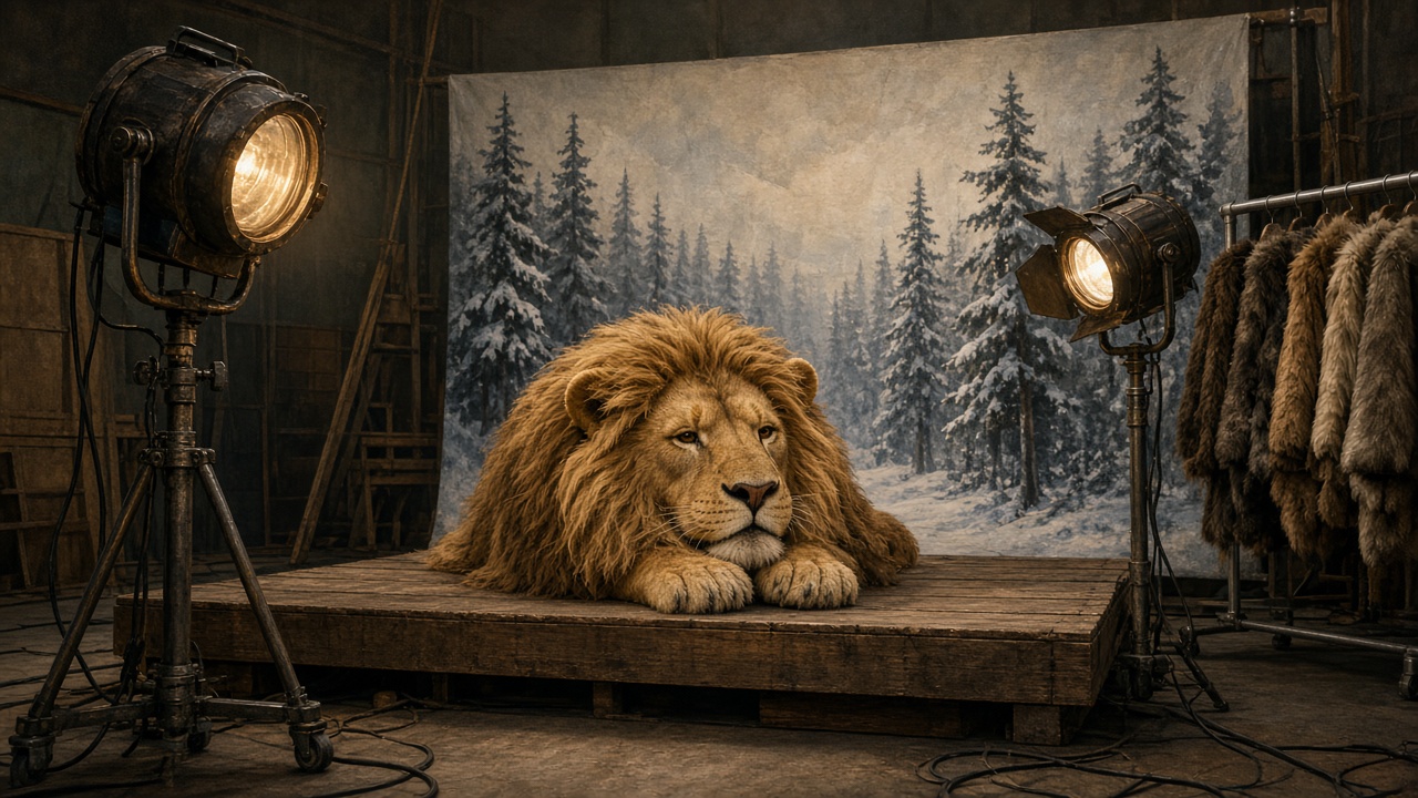 Un atelier de télévision où une grande marionnette de lion attend entre deux projecteurs