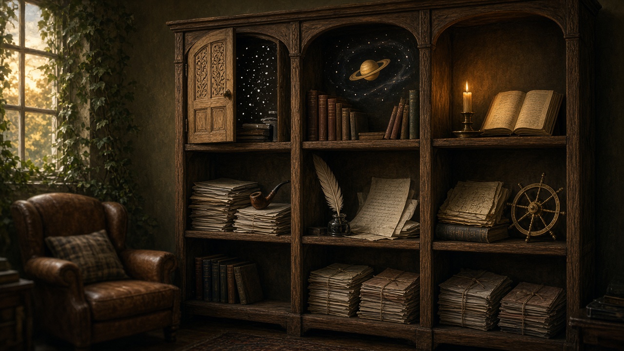Bibliothèque de chêne à compartiments : porte ouverte sur les étoiles, planète, bougie et livre, plume, liasses de lettres