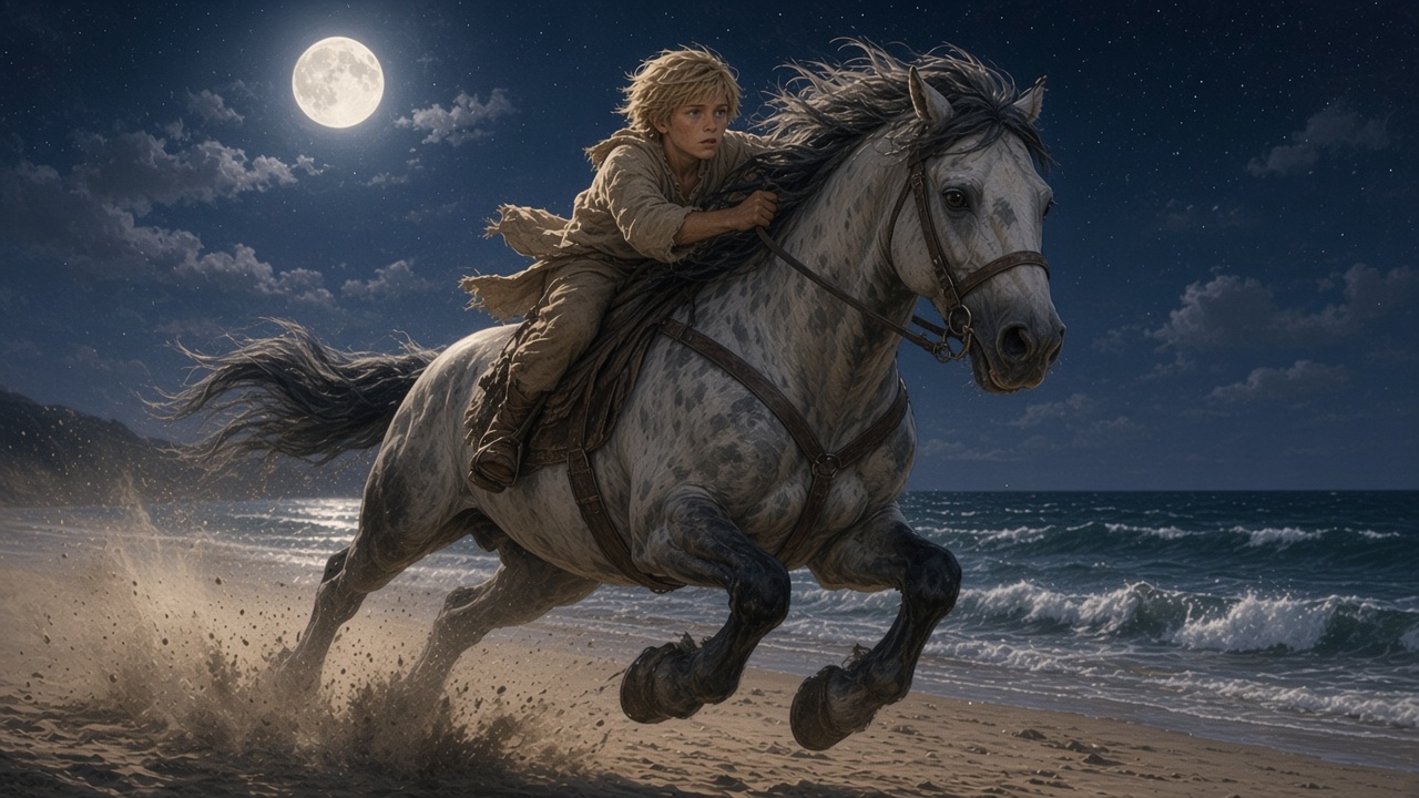 Shasta s'accroche à un grand cheval gris lancé au galop