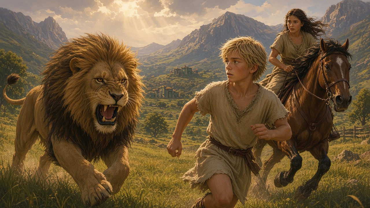 Shasta se retourne pour affronter un lion