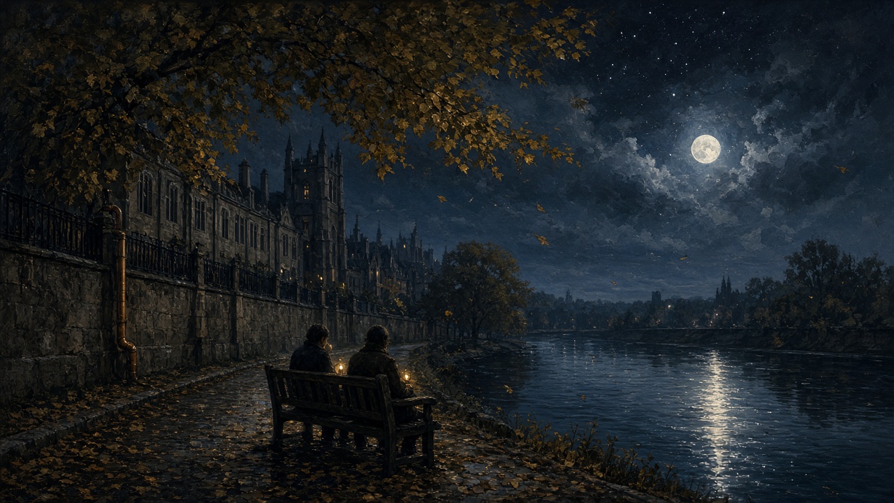 Une allée d'arbres au bord de la rivière, la nuit