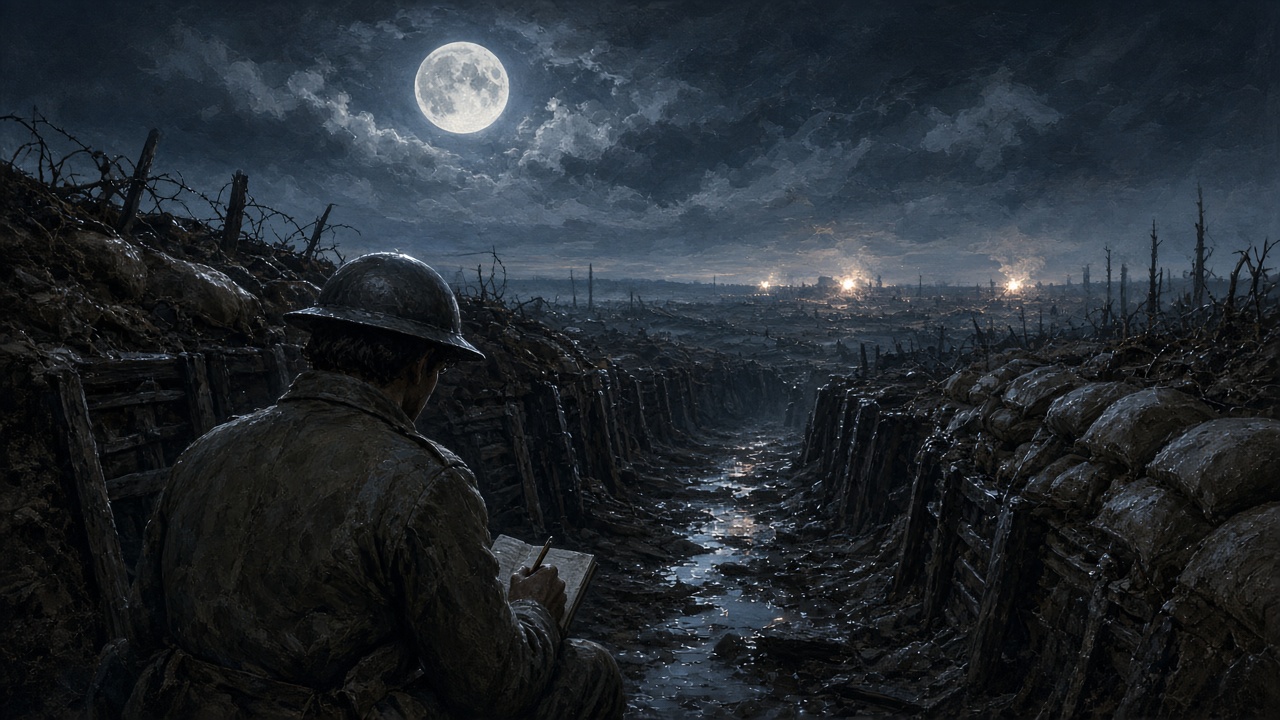 Une tranchée la nuit sous la lune, un jeune soldat écrit dans un carnet