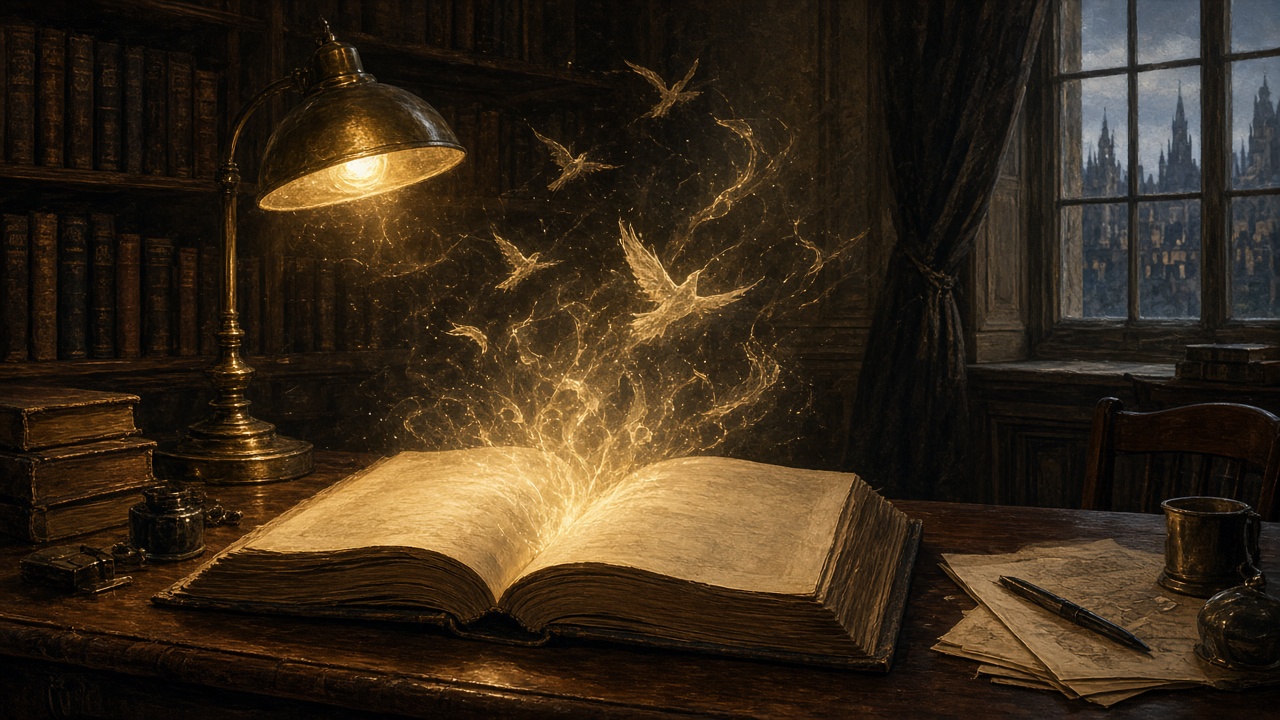 Un grand dictionnaire ancien ouvert, des mots qui s'envolent en lumière