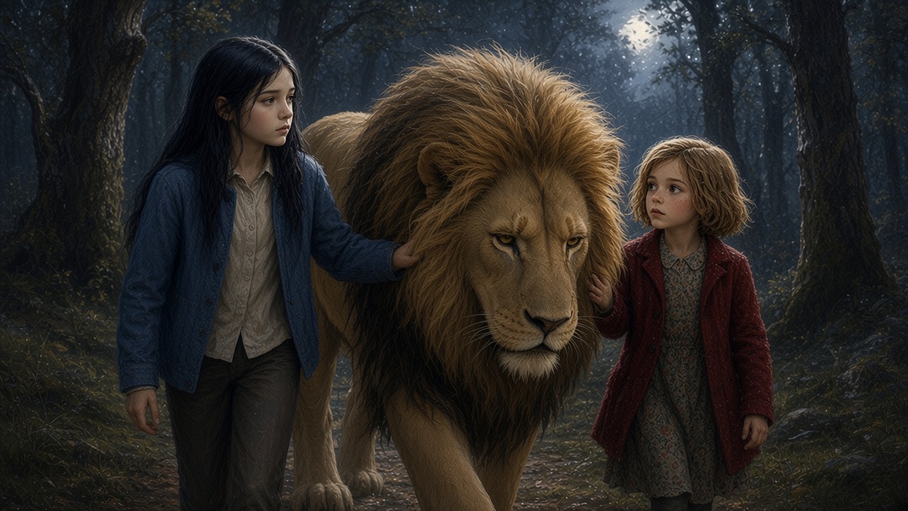 Susan et Lucy posent les mains sur la crinière d'Aslan