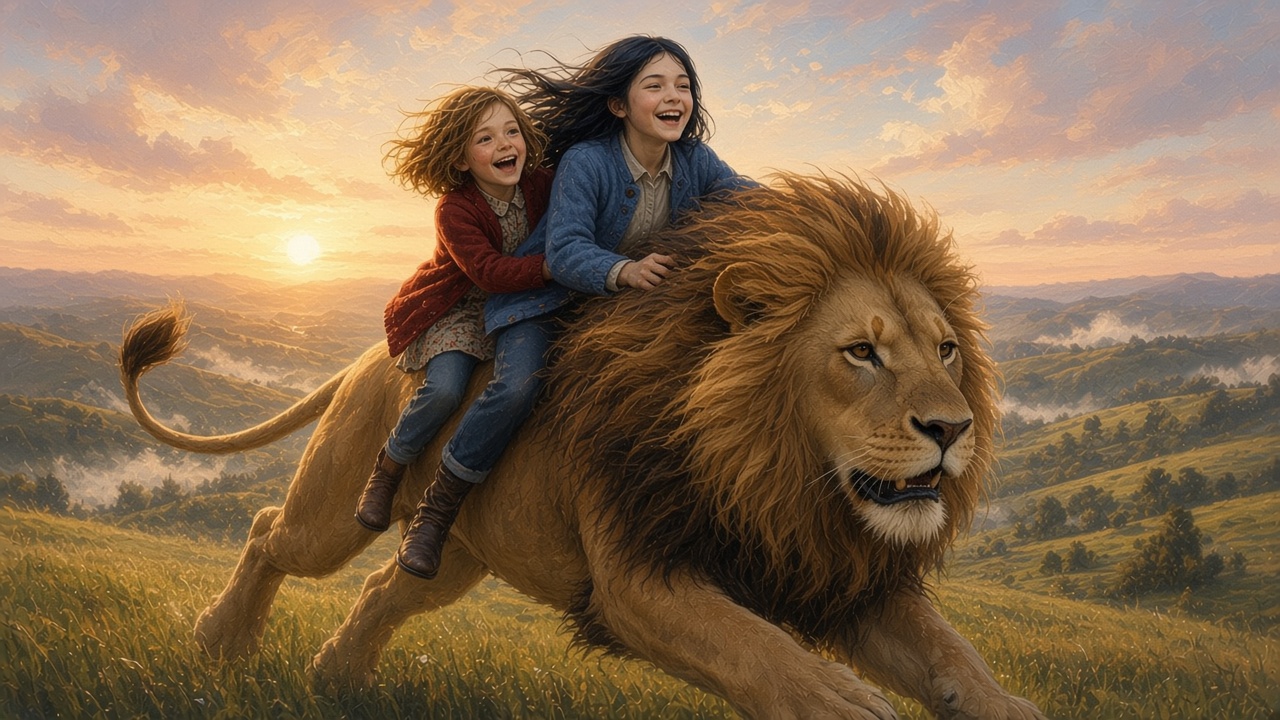 Susan et Lucy chevauchent Aslan à travers la campagne
