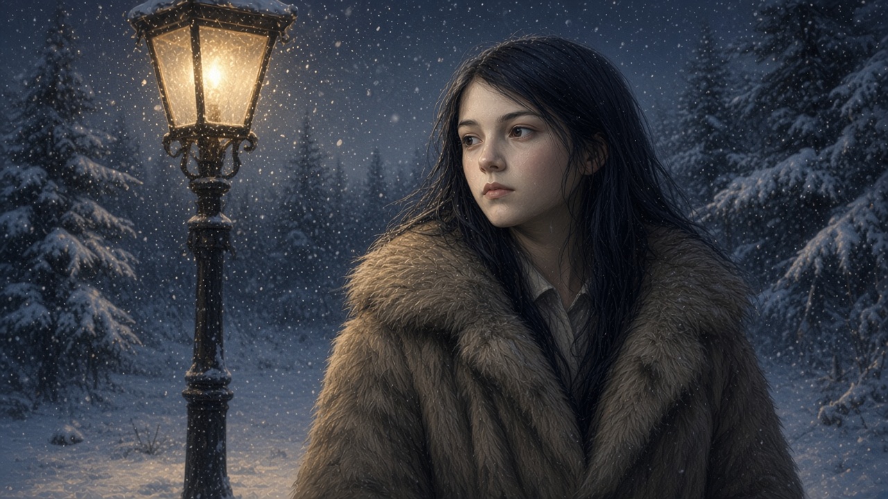 Susan enfant dans un manteau de fourrure trop grand, dans la neige