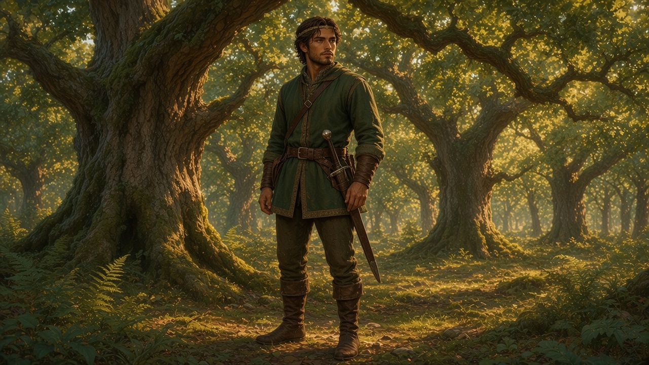 Tirian debout en tenue de chasse et cotte de mailles