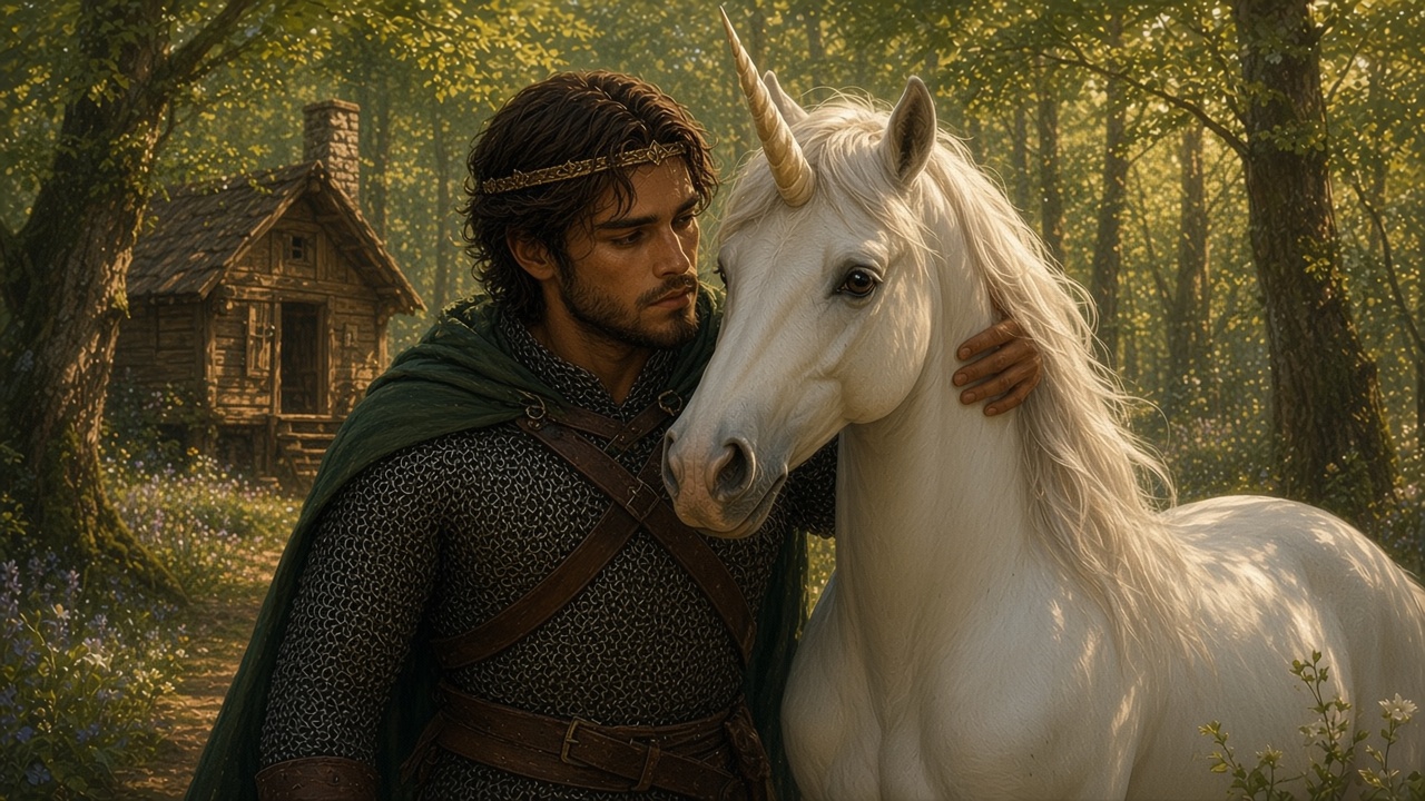 Tirian et Joyau la licorne devant un pavillon de bois