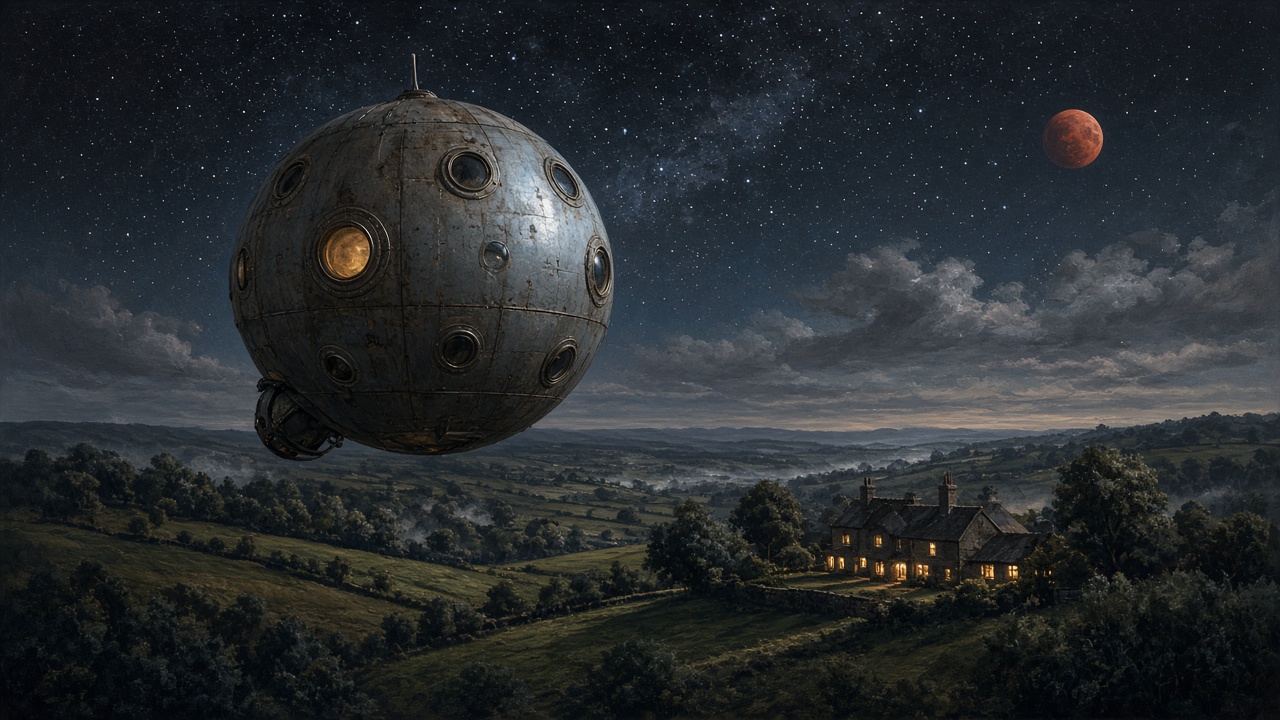Un vaisseau spatial sphérique rétro au-dessus d'une campagne anglaise nocturne